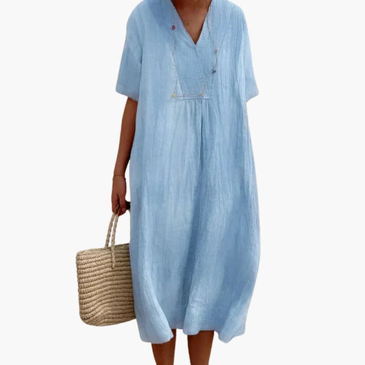 Johanna | Damen Relaxed-Fit V-Ausschnitt Linnen Midi-Kleid