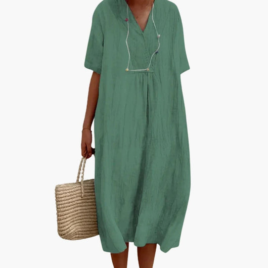Johanna | Damen Relaxed-Fit V-Ausschnitt Linnen Midi-Kleid