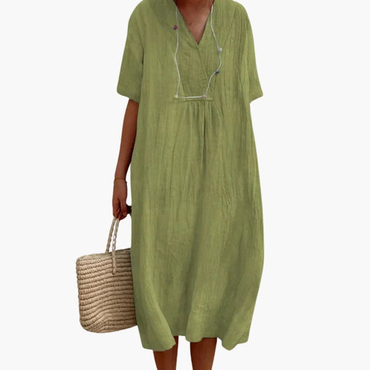 Johanna | Damen Relaxed-Fit V-Ausschnitt Linnen Midi-Kleid