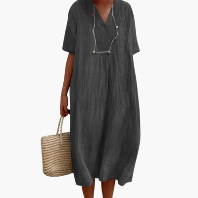 Johanna | Damen Relaxed-Fit V-Ausschnitt Linnen Midi-Kleid