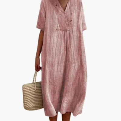 Johanna | Damen Relaxed-Fit V-Ausschnitt Linnen Midi-Kleid