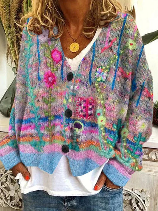 Marie | Damen Retro Blumen-Cardigan mit Knopfleiste in Buntem Strickdesign
