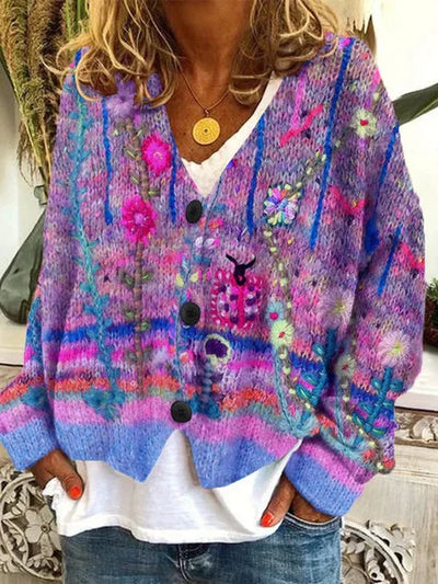 Marie | Damen Retro Blumen-Cardigan mit Knopfleiste in Buntem Strickdesign