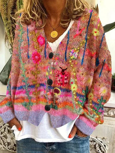 Marie | Damen Retro Blumen-Cardigan mit Knopfleiste in Buntem Strickdesign
