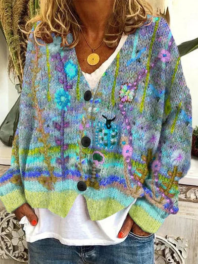 Marie | Damen Retro Blumen-Cardigan mit Knopfleiste in Buntem Strickdesign