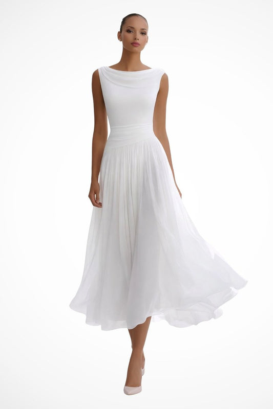 Annika | Damen Ärmellos A-Linien Midi-Kleid Wasserfallausschnitt Geplissiert