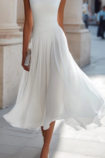 Annika | Damen Ärmellos A-Linien Midi-Kleid Wasserfallausschnitt Geplissiert