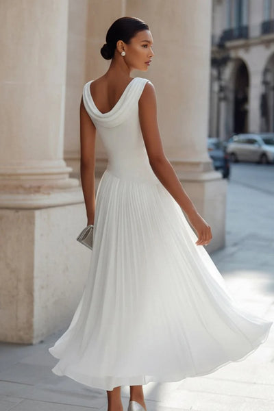 Annika | Damen Ärmellos A-Linien Midi-Kleid Wasserfallausschnitt Geplissiert