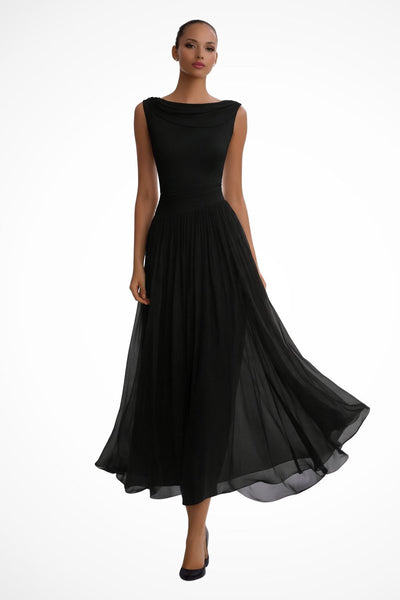 Annika | Damen Ärmellos A-Linien Midi-Kleid Wasserfallausschnitt Geplissiert