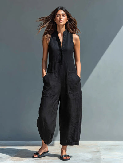 Annika | Damen Ärmellose Linen Button-Up Jumpsuit mit Stehkragen