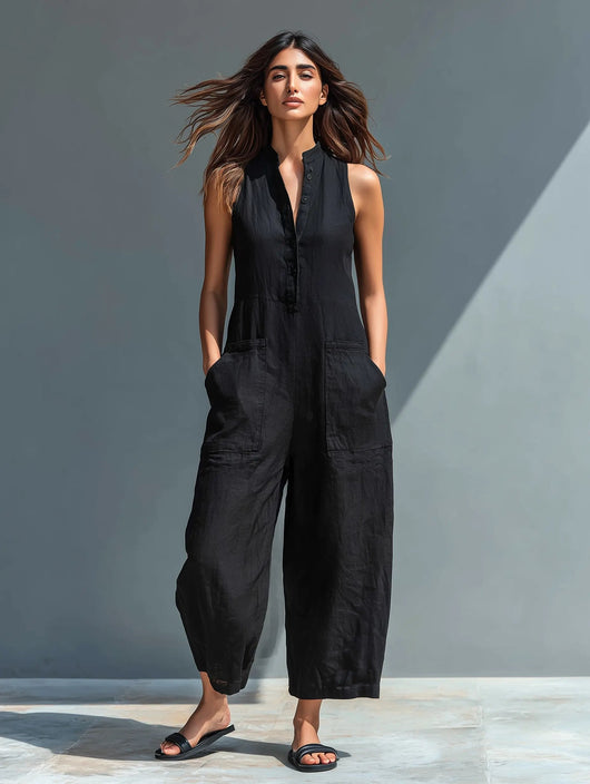 Annika | Damen Ärmellose Linen Button-Up Jumpsuit mit Stehkragen