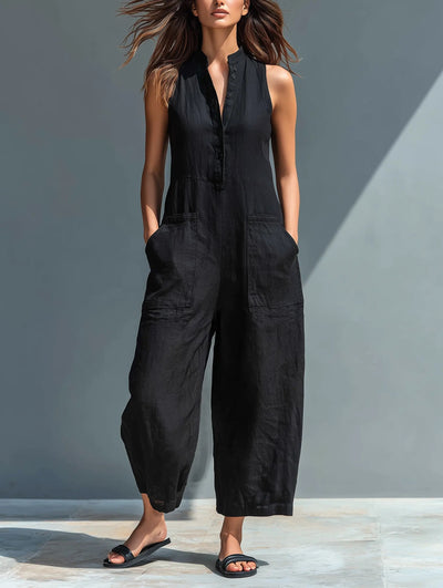 Annika | Damen Ärmellose Linen Button-Up Jumpsuit mit Stehkragen