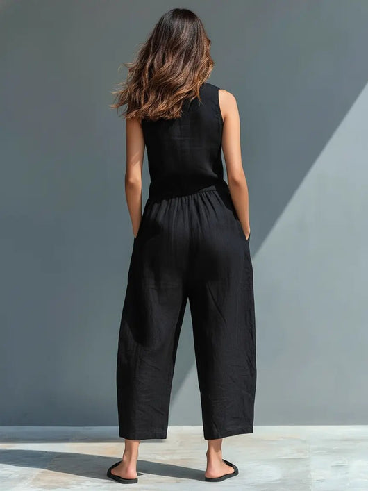 Annika | Damen Ärmellose Linen Button-Up Jumpsuit mit Stehkragen