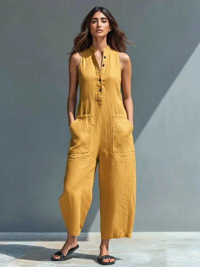 Annika | Damen Ärmellose Linen Button-Up Jumpsuit mit Stehkragen
