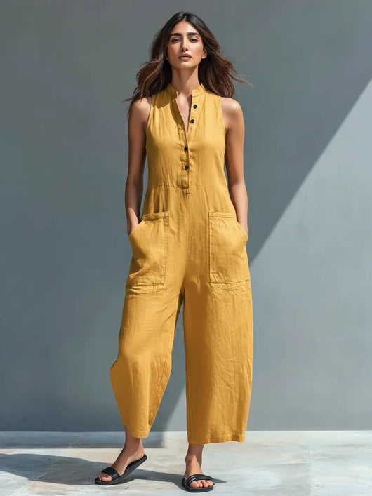 Annika | Damen Ärmellose Linen Button-Up Jumpsuit mit Stehkragen