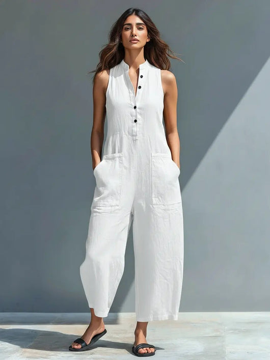 Annika | Damen Ärmellose Linen Button-Up Jumpsuit mit Stehkragen