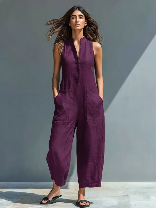 Annika | Damen Ärmellose Linen Button-Up Jumpsuit mit Stehkragen