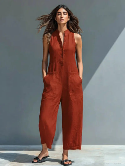 Annika | Damen Ärmellose Linen Button-Up Jumpsuit mit Stehkragen