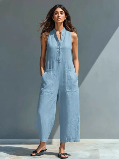 Annika | Damen Ärmellose Linen Button-Up Jumpsuit mit Stehkragen