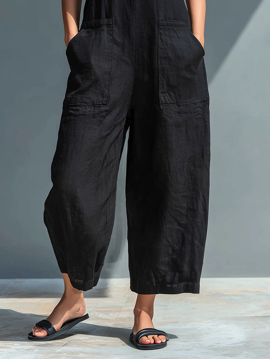Annika | Damen Ärmellose Linen Button-Up Jumpsuit mit Stehkragen
