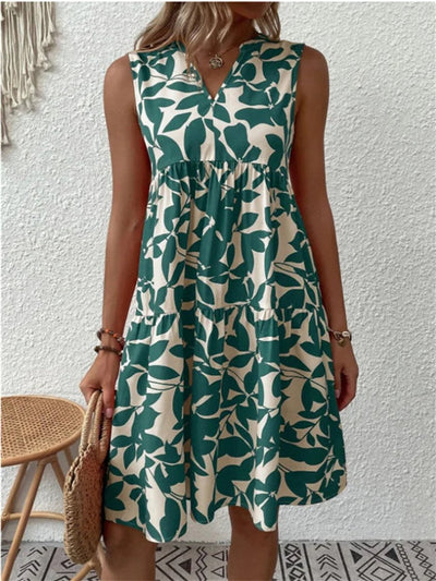 Katharina | Damen Ärmelloses A-Linien Sommerkleid Tropisches Blattmuster V-Ausschnitt