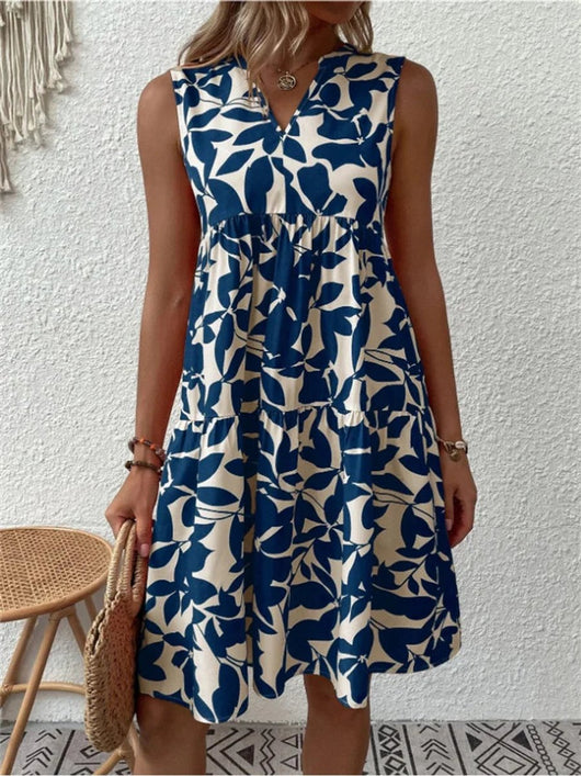Katharina | Damen Ärmelloses A-Linien Sommerkleid Tropisches Blattmuster V-Ausschnitt