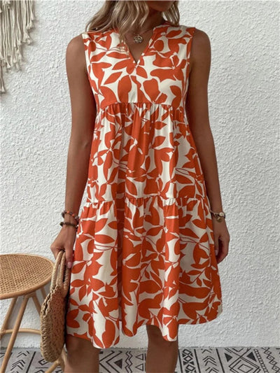 Katharina | Damen Ärmelloses A-Linien Sommerkleid Tropisches Blattmuster V-Ausschnitt