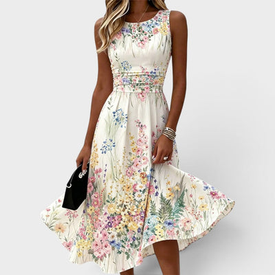Charlotte | Damen Ärmelloses Blumen-Midikleid mit Taillierung A-Linie