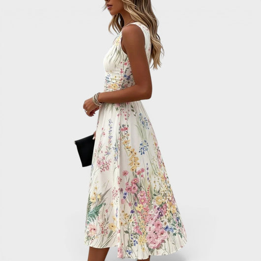 Charlotte | Damen Ärmelloses Blumen-Midikleid mit Taillierung A-Linie