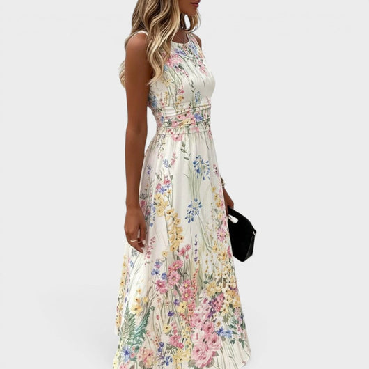 Charlotte | Damen Ärmelloses Blumen-Midikleid mit Taillierung A-Linie