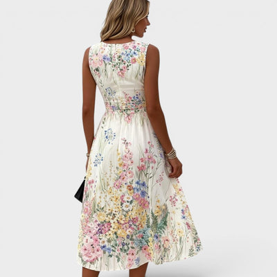 Charlotte | Damen Ärmelloses Blumen-Midikleid mit Taillierung A-Linie