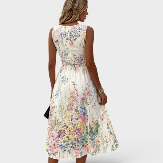 Charlotte | Damen Ärmelloses Blumen-Midikleid mit Taillierung A-Linie