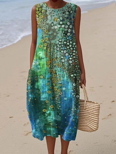 Sophie | Damen Ärmelloses Buntes Strandkleid Midi Dress mit Rundhalsausschnitt