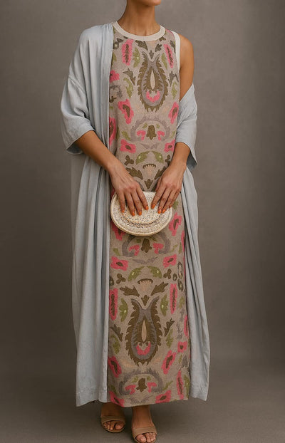 Annika | Damen Ärmelloses Florales Maxikleid mit Mantel Set