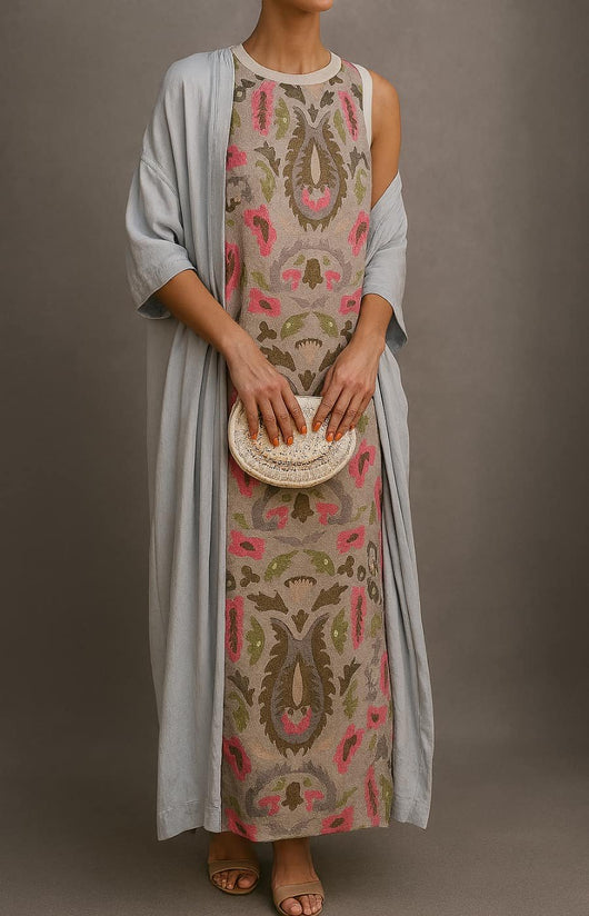 Annika | Damen Ärmelloses Florales Maxikleid mit Mantel Set