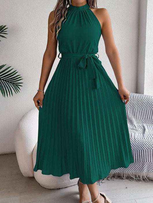 Katharina | Damen ärmelloses Neckholder Maxikleid plissiert mit Bindegürtel