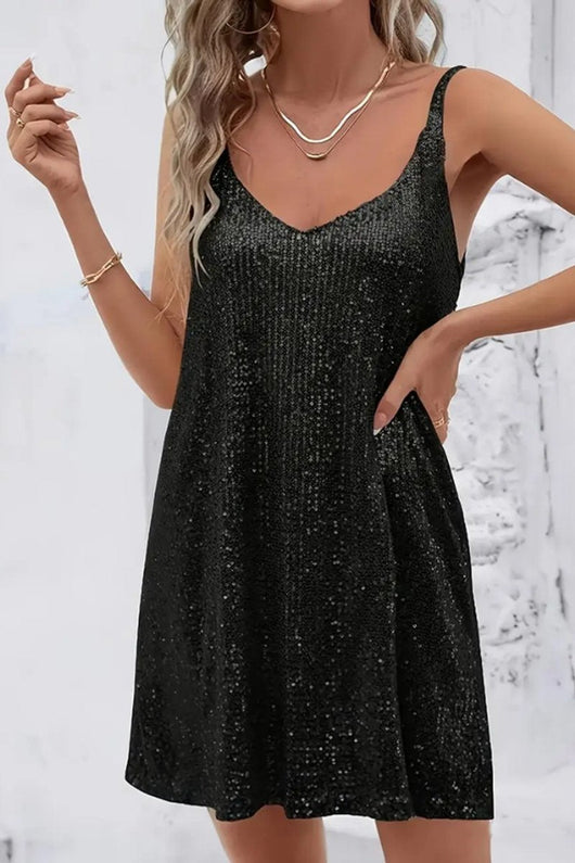 Johanna | Damen Ärmelloses Pailletten-Cocktailkleid V-Ausschnitt Mini