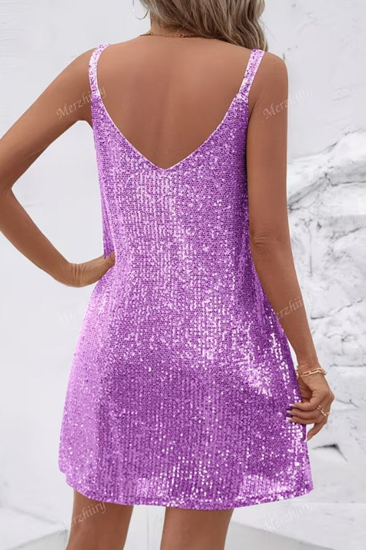 Johanna | Damen Ärmelloses Pailletten-Cocktailkleid V-Ausschnitt Mini