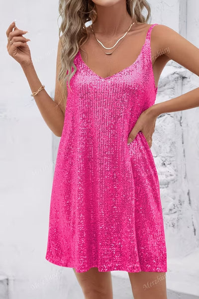 Johanna | Damen Ärmelloses Pailletten-Cocktailkleid V-Ausschnitt Mini