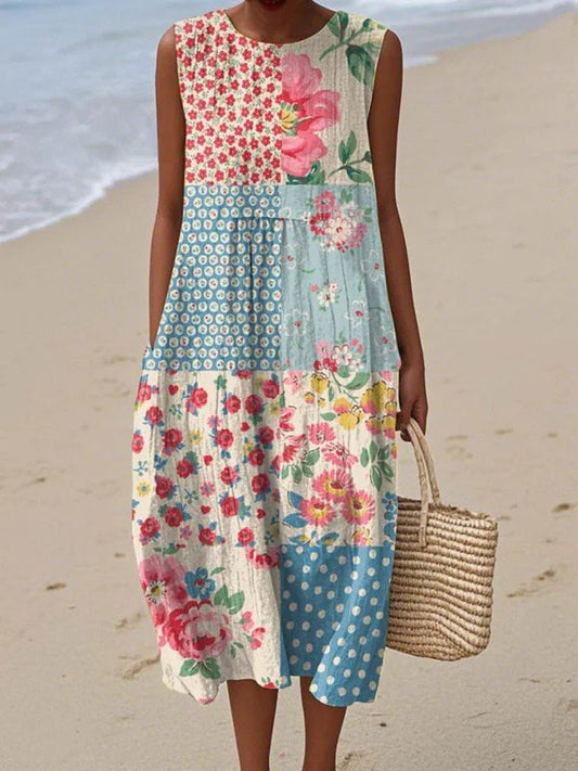 Annika | Damen Ärmelloses Patchwork-Midi-Kleid mit Blumen- und Punktemuster
