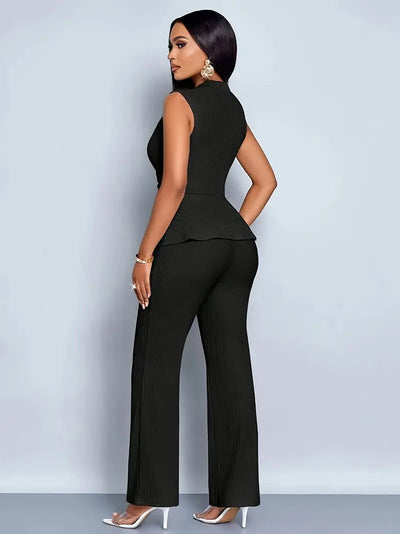 Johanna | Damen Ärmelloses Peplum-Wickeloberteil Ausgestellte Hose Zweiteiler-Set