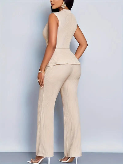 Johanna | Damen Ärmelloses Peplum-Wickeloberteil Ausgestellte Hose Zweiteiler-Set