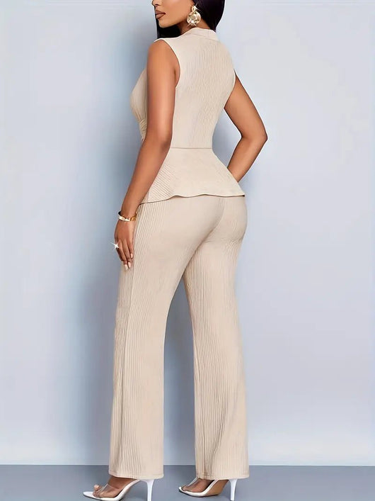 Johanna | Damen Ärmelloses Peplum-Wickeloberteil Ausgestellte Hose Zweiteiler-Set