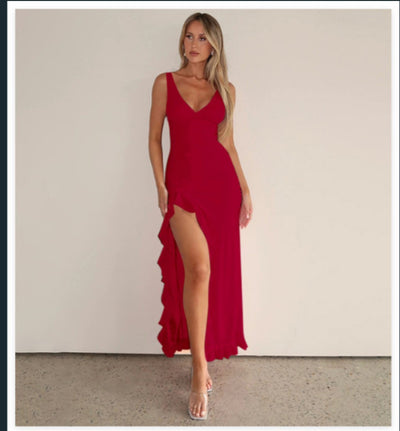Mia | Damen Ärmelloses Rüschen Maxikleid mit V-Ausschnitt und Oberschenkelschlitz