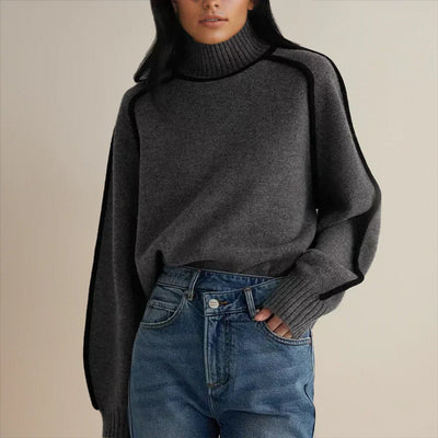 Sophie | Damen Rollkragen Oversized Strick Sweater mit Kontraststreifen