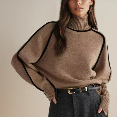 Sophie | Damen Rollkragen Oversized Strick Sweater mit Kontraststreifen