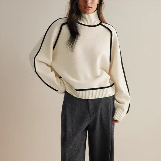 Sophie | Damen Rollkragen Oversized Strick Sweater mit Kontraststreifen