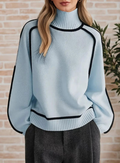 Sophie | Damen Rollkragen Oversized Strick Sweater mit Kontraststreifen