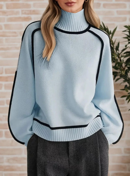 Sophie | Damen Rollkragen Oversized Strick Sweater mit Kontraststreifen