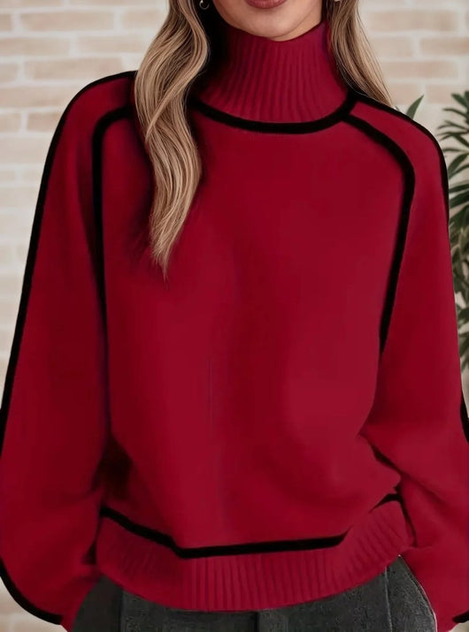 Sophie | Damen Rollkragen Oversized Strick Sweater mit Kontraststreifen